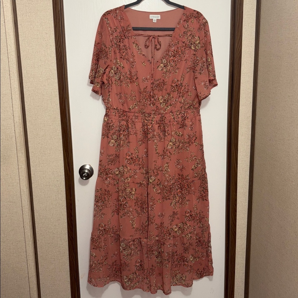Luxology Women’s Floral Dress 1X Mauve Boho Tiered Cottagecore Fairycore Prairie